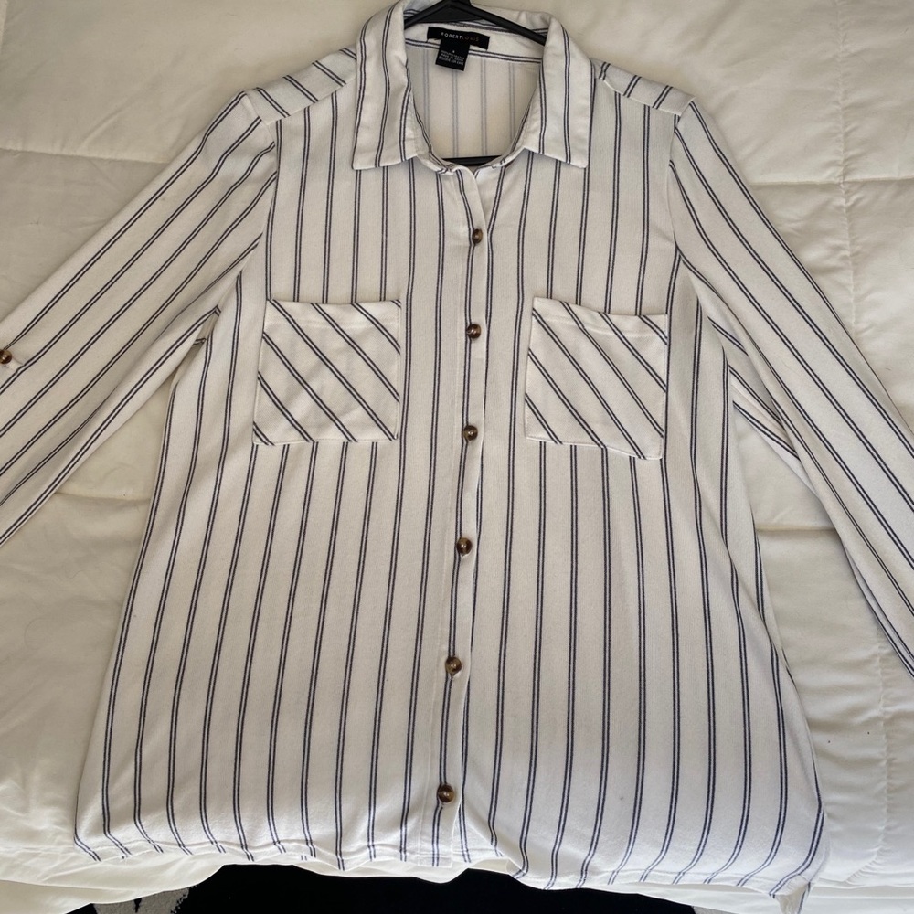 White Flowy Button Down With Navy Pin Stripes